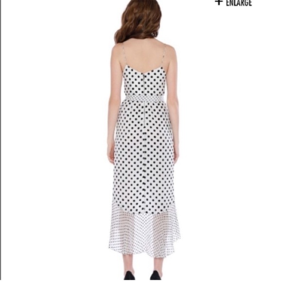 Alice and Olivia Mable Midlength Ruffle Mock Wrap Dress Polka Dot Black White 6 - Picture 15 of 15